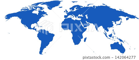 Blue curved world map on a transparent background. Spherical blue map of planet Earth continents. Blue curved world map on a transparent background. Spherical blue map of planet Earth continents. 142064277