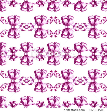 A seamless pattern of pink ribbon bows. A hand painted watercolor illustration. Perfect for textiles, clothing, tablecloths and curtains, wrapping paper, wallpaper, and much more. A seamless pattern of pink ribbon bows. A hand painted watercolor illustration. Perfect for textiles, clothing, tablecloths and curtains, wrapping paper, wallpaper, and much more. 142064503