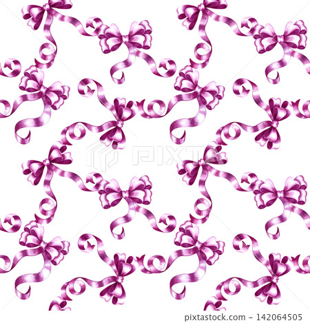 A seamless pattern of pink ribbon bows. A hand painted watercolor illustration. Perfect for textiles, clothing, tablecloths and curtains, wrapping paper, wallpaper, and much more. A seamless pattern of pink ribbon bows. A hand painted watercolor illustration. Perfect for textiles, clothing, tablecloths and curtains, wrapping paper, wallpaper, and much more. 142064505