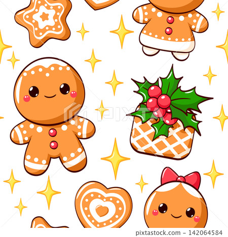 Merry Christmas Vector seamless pattern with cute gingerbread. Endless texture can be used winter holiday label, t-shirt print, greeting card, pattern fills, fabric design Merry Christmas Vector seamless pattern with cute gingerbread. Endless texture can be used winter holiday label, t-shirt print, greeting card, pattern fills, fabric design 142064584