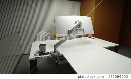 Modern empty office interior with desks and monitor arms Modern empty office interior with desks and monitor arms 142064990