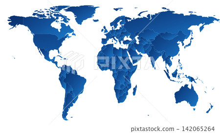 Blue gradient world map with country borders on a transparent background. Vector map of Earth continents and mainlands. 142065264