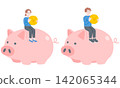 Illustration of a man and woman sitting in a piggy bank and holding coins. 142065344