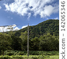 A lush green mountain landscape with a blue sky and clouds. 142065346