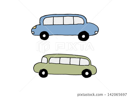 一組手繪的長條形汽車插圖(藍色和綠色) 一組手繪的長條形汽車插圖(藍色和綠色) 142065697