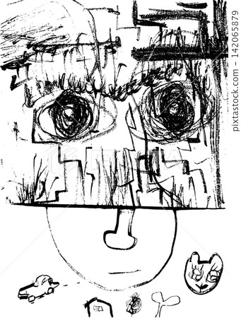 A monochrome, hand-drawn line drawing of a person with large eyes and various motifs. A monochrome, hand-drawn line drawing of a person with large eyes and various motifs. 142065879