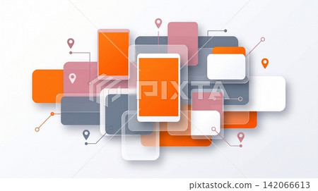 Abstract digital interface concept featuring layered geometric shapes with orange screens with translucent geometric rectangles displays modern abstract 142066613
