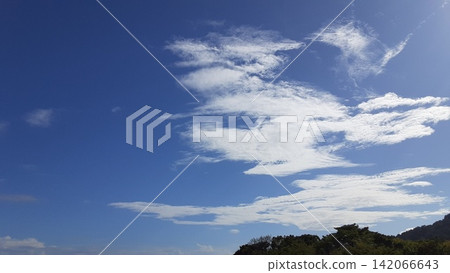 The mountain range of East Izu and white clouds spreading across the blue sky The mountain range of East Izu and white clouds spreading across the blue sky 142066643