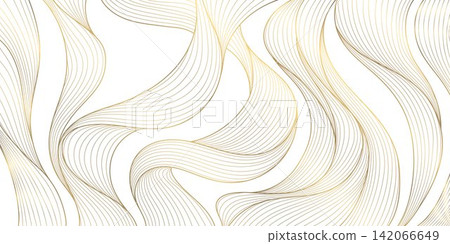 Luxury abstract gold wave pattern with elegant flowing lines background. Premium vector design, soft silk texture, geometric curves, Japanese ornament, business banner, card, wallpaper. Luxury abstract gold wave pattern with elegant flowing lines background. Premium vector design, soft silk texture, geometric curves, Japanese ornament, business banner, card, wallpaper. 142066649