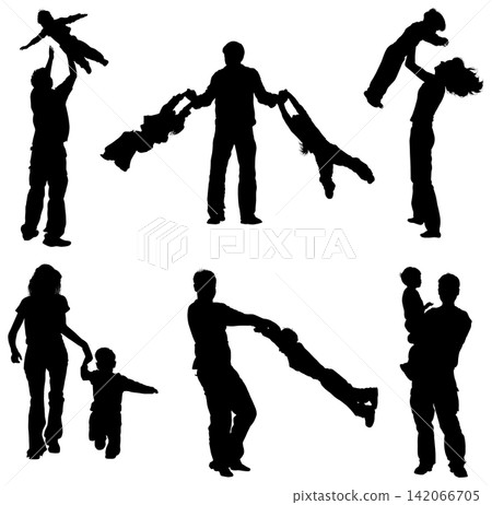 Silhouettes of parents with children Silhouettes of parents with children 142066705
