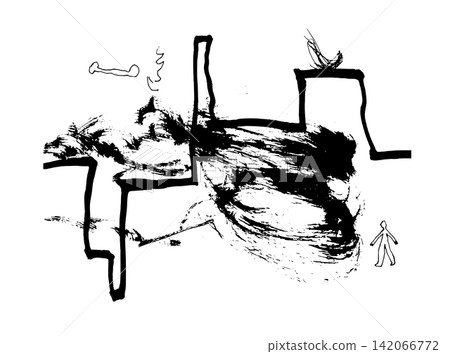 A monochrome hand-drawn line drawing of abstract forms, brushstrokes, and a walking figure. A monochrome hand-drawn line drawing of abstract forms, brushstrokes, and a walking figure. 142066772