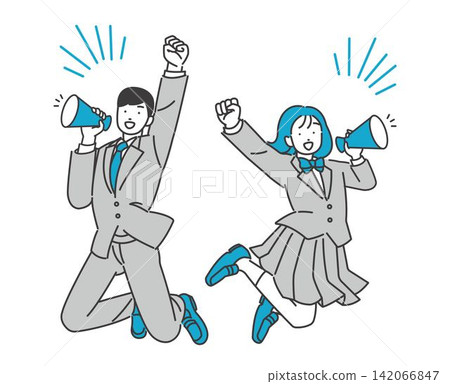 Vector illustration of students cheering while jumping and holding megaphones / school uniform / high school student / middle school student Vector illustration of students cheering while jumping and holding megaphones / school uniform / high school student / middle school student 142066847