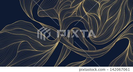 Luxury vector abstract pattern with elegant golden line waves, flowing curves, modern Japanese geometric elements on a dark background. Wallpaper, fabric, wine labels, packaging, wedding stationery Luxury vector abstract pattern with elegant golden line waves, flowing curves, modern Japanese geometric elements on a dark background. Wallpaper, fabric, wine labels, packaging, wedding stationery 142067061