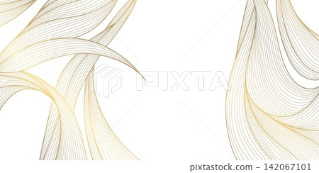 Luxury botanical pattern with golden line leaves, flowers, tropical foliage, art deco. Abstract vector illustration organic botanical texture, ornament, packaging, greeting, posters, banners, tea 142067101
