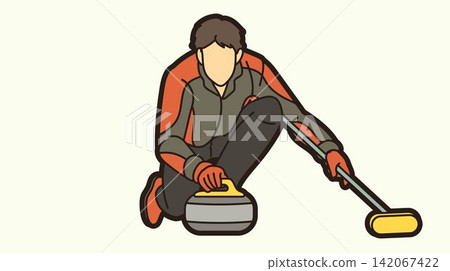 Curling Sport Male Player Action Athletes Competing on Ice Rink Cartoon Graphic Vector 142067422