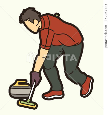 Curling Sport Male Player Action Athletes Competing on Ice Rink Cartoon Graphic Vector 142067423