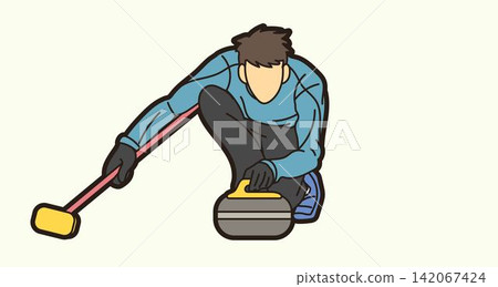 Curling Sport Male Player Action Athletes Competing on Ice Rink Cartoon Graphic Vector 142067424