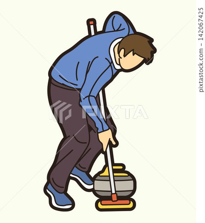 Curling Sport Male Player Action Athletes Competing on Ice Rink Cartoon Graphic Vector 142067425