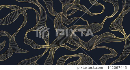 Luxury abstract floral pattern with elegant golden line leaves, flowers, tropical botanical elements in art deco style, Japanese design. Wallpaper, textile prints, tea packaging, interior decor Luxury abstract floral pattern with elegant golden line leaves, flowers, tropical botanical elements in art deco style, Japanese design. Wallpaper, textile prints, tea packaging, interior decor 142067443