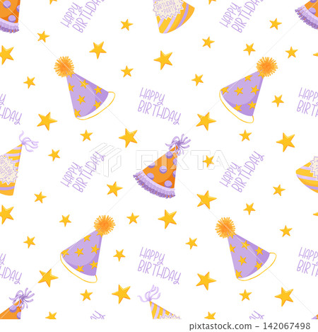 Happy birthday seamless pattern. Party hats vector background. Cartoon hand drawn illustration. Retro 50s, 60s style. Cute birthday cone caps in bright colors with pompon for packaging, prints Happy birthday seamless pattern. Party hats vector background. Cartoon hand drawn illustration. Retro 50s, 60s style. Cute birthday cone caps in bright colors with pompon for packaging, prints 142067498