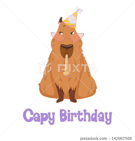 Happy birthday funny capybara. Cartoon capybara character design for mascot, stickers, print, birthday cards. Cute capybara with party hat, party blow. Amusing capibara character Happy birthday funny capybara. Cartoon capybara character design for mascot, stickers, print, birthday cards. Cute capybara with party hat, party blow. Amusing capibara character 142067509