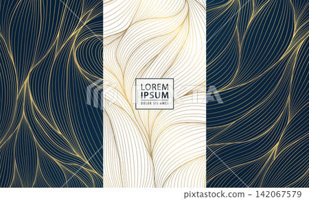 Luxury floral pattern with elegant golden line leaves, flowers, and modern art deco ornaments, Japanese design. Packaging, tea and coffee labels, perfume and beauty branding, wallpaper, cards Luxury floral pattern with elegant golden line leaves, flowers, and modern art deco ornaments, Japanese design. Packaging, tea and coffee labels, perfume and beauty branding, wallpaper, cards 142067579