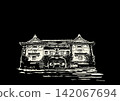 Monochrome Japanese landscape illustration of Kabuki-za Theatre, black background, with space for copying. 142067694