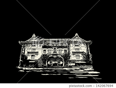 Monochrome Japanese landscape illustration of Kabuki-za Theatre, black background, with space for copying. Monochrome Japanese landscape illustration of Kabuki-za Theatre, black background, with space for copying. 142067694