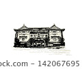 Monochrome Japanese landscape illustration of Kabuki-za Theatre, transparent background, with copy space. 142067695