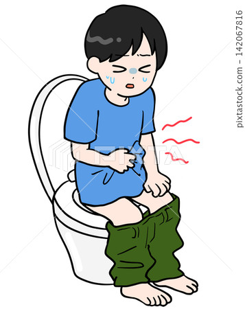 一名男子在廁所裡忍受劇烈的胃痛。 142067816