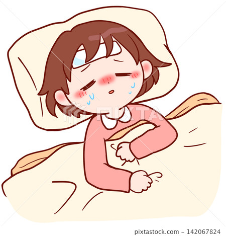 一個發燒臥床不起的女孩。 一個發燒臥床不起的女孩。 142067824