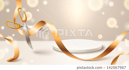 Elegant grand opening banner, podium with scissors Elegant grand opening banner, podium with scissors 142067987