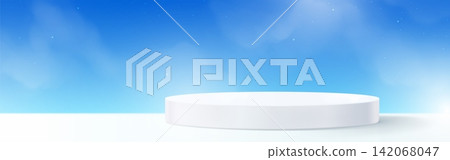 3d white podium on blue sky background with clouds 3d white podium on blue sky background with clouds 142068047