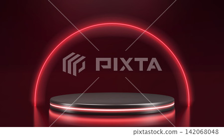 Futuristic glowing podium with red arch Futuristic glowing podium with red arch 142068048