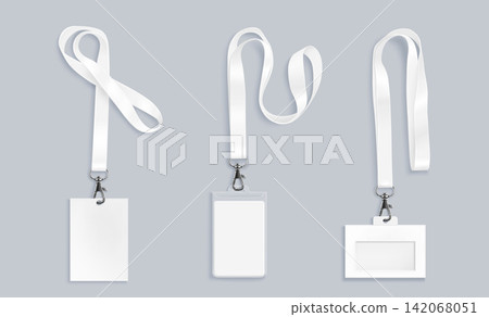 Company badges, id cards with white lanyard strap Company badges, id cards with white lanyard strap 142068051