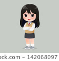 Korean Schoolgirl Cartoon Illustration in School Uniform Standing with Crossed Arms 142068097