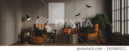 Halloween 3D Illustration of Spooky Living Room Decoration with Jack o Lantern Pumpkin Bats and Spider Autumn Interior Design Halloween 3D Illustration of Spooky Living Room Decoration with Jack o Lantern Pumpkin Bats and Spider Autumn Interior Design 142068521
