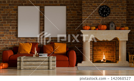 3D Illustration Halloween Autumn Living Room with Fireplace Pumpkins and Brick Wall Interior Decoration 3D Illustration Halloween Autumn Living Room with Fireplace Pumpkins and Brick Wall Interior Decoration 142068527