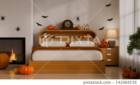 Halloween 3D Illustration Bedroom Decoration with Pumpkins Bats Spiders and Fireplace Autumn Interior Design Halloween 3D Illustration Bedroom Decoration with Pumpkins Bats Spiders and Fireplace Autumn Interior Design 142068538