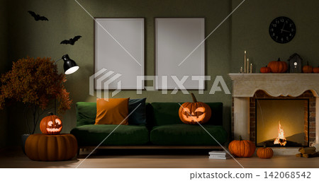 Halloween 3D Illustration of Spooky Living Room with Jack o Lanterns, Fireplace, and Blank Frame Mockup Halloween 3D Illustration of Spooky Living Room with Jack o Lanterns, Fireplace, and Blank Frame Mockup 142068542