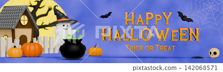 Happy Halloween Trick or Treat 3D Banner with Cute Ghost, Pumpkins, Cauldron, Bats and Spiderweb on Blue Background Happy Halloween Trick or Treat 3D Banner with Cute Ghost, Pumpkins, Cauldron, Bats and Spiderweb on Blue Background 142068571