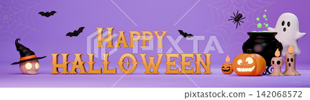 Happy Halloween 3D Banner with Pumpkin Ghost Cauldron Bats Spider Web on Purple Background Happy Halloween 3D Banner with Pumpkin Ghost Cauldron Bats Spider Web on Purple Background 142068572