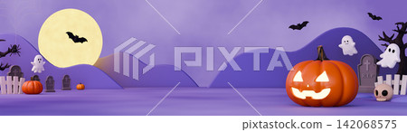 Halloween 3D Render Banner with Jack o Lantern, Ghosts, Bats, and Full Moon on Purple Background Halloween 3D Render Banner with Jack o Lantern, Ghosts, Bats, and Full Moon on Purple Background 142068575