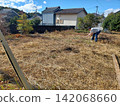 In the autumn, amidst the withered grass that has just been mowed, a man in a short-sleeved shirt is tilling a dilapidated farmland, with a rural Japanese residential area visible in the background. 142068660
