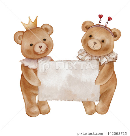 Watercolor illustration of two cute teddy bears holding blank sign, featuring a crown and heart antennae. Bears hand drawn vintage style with festive collars. For greeting cards or nursery decor. Watercolor illustration of two cute teddy bears holding blank sign, featuring a crown and heart antennae. Bears hand drawn vintage style with festive collars. For greeting cards or nursery decor. 142068715