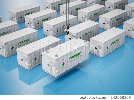 Group of energy storage systems or battery container units isometric Group of energy storage systems or battery container units isometric 142068809
