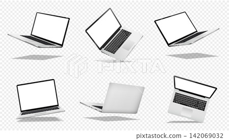 Falling or levitate realistic laptop computer mock up isolated on transparent background with shadow Falling or levitate realistic laptop computer mock up isolated on transparent background with shadow 142069032