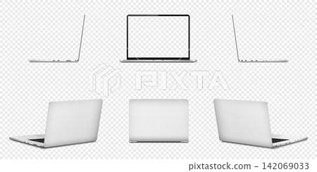 Modern laptop computers isolated on transparent background. Front view, side and rear view. 142069033
