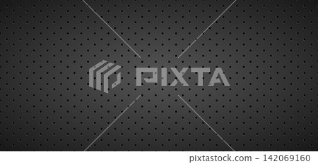 Dark perforated metal panel texture with regular hole grid. Industrial grille background, black steel surface and geometric pattern for modern technology design Dark perforated metal panel texture with regular hole grid. Industrial grille background, black steel surface and geometric pattern for modern technology design 142069160