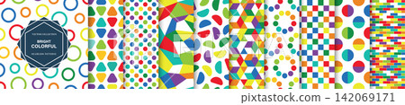 Vector collection of bright colorful seamless patterns. Modern geometric multicolor background templates set with creative abstract repeat textures and trendy vibrant style for wrapping paper Vector collection of bright colorful seamless patterns. Modern geometric multicolor background templates set with creative abstract repeat textures and trendy vibrant style for wrapping paper 142069171